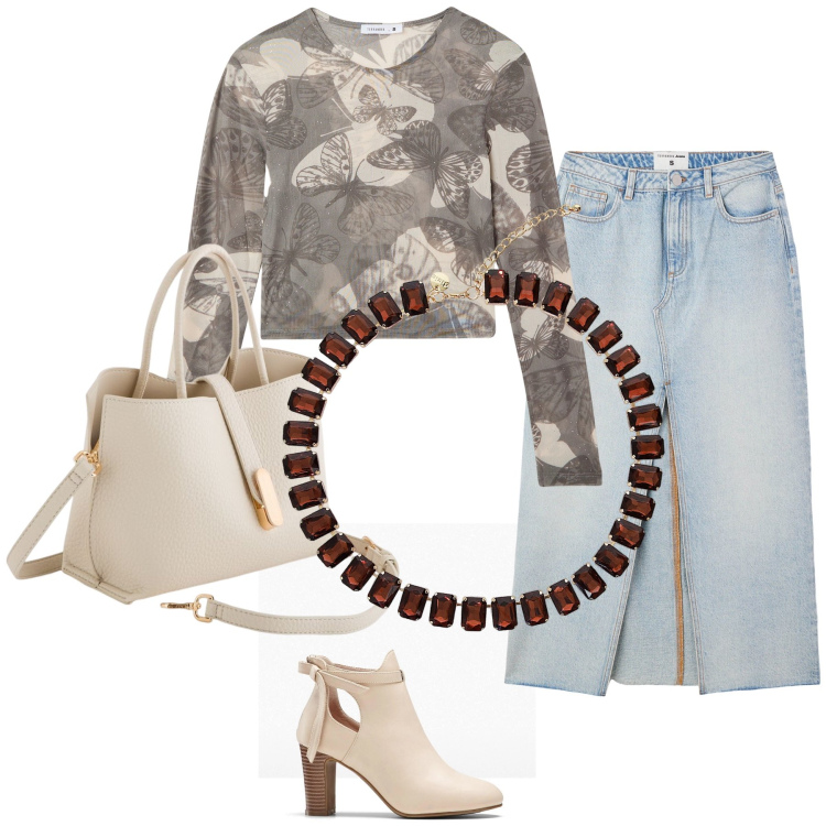 Outfit donna - Total look #2117010. Stile Casual chic per Tutti i giorni. Abbinamento con stivaletti, t-shirt, gonne lunghe, collane, borse a mano.