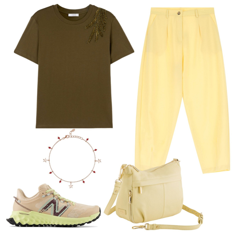 Outfit donna - Al sole. Stile Casual per Tutti i giorni. Abbinamento con braccialetti con ciondoli, sneakers, pantaloni, borse a tracolla, t-shirt.