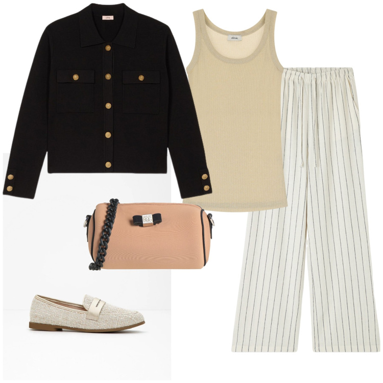 Outfit donna - Total look #2117018. Stile Chic per Tutti i giorni. Abbinamento con mocassini, borse a tracolla, pantaloni, canottiere, blazer.