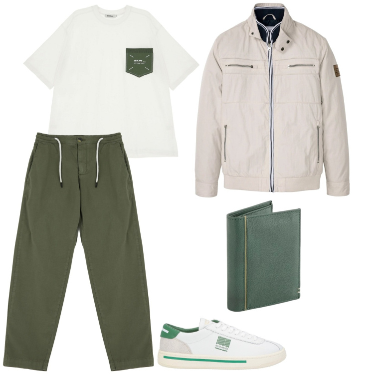 Outfit uomo - Alla partita di volley. Stile Casual per Tutti i giorni. Abbinamento con giacche, sneakers, t-shirt, pantaloni chino, portafogli.