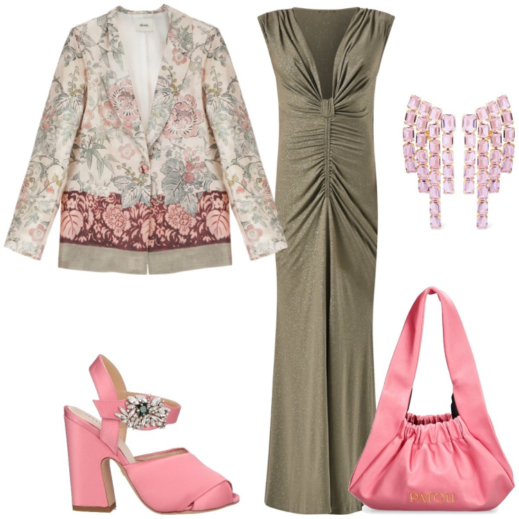 Outfit donna - Cerimonia. Stile Glamour per Cerimonia. Abbinamento con sandali in pelle, blazer, vestiti lunghi, borse a spalla, orecchini.