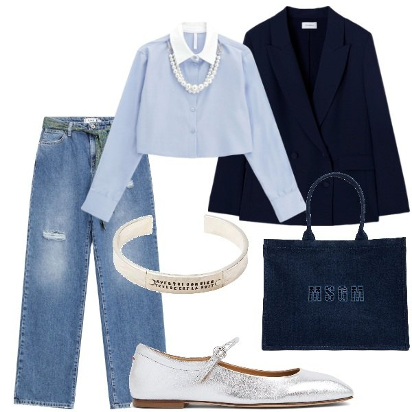 Outfit donna - Colori di Aprile. Stile Casual chic per Tutti i giorni. Abbinamento con braccialetti, jeans strappati, camicie, ballerine, shopping bag, blazer.
