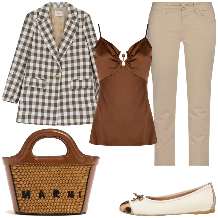Outfit donna - Blazer a quadretti. Stile Casual chic per Tutti i giorni. Abbinamento con ballerine, pantaloni, top, blazer, borse a mano.