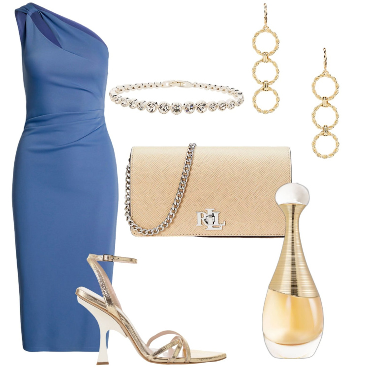 Outfit donna - Total look #2117052. Stile Glamour per Cerimonia. Abbinamento con profumi, borse a tracolla, vestiti asimmetrici, braccialetti, orecchini, sandali col tacco.