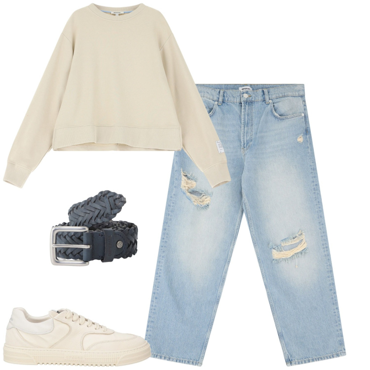 Outfit uomo - City. Stile Casual per Tutti i giorni. Abbinamento con sneakers, felpe, jeans strappati, cinture.