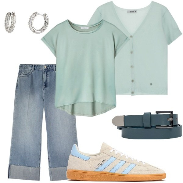 Outfit donna - Colori pastello. Stile Casual per Tutti i giorni. Abbinamento con orecchini, cardigans, cinture, t-shirt, jeans, sneakers.