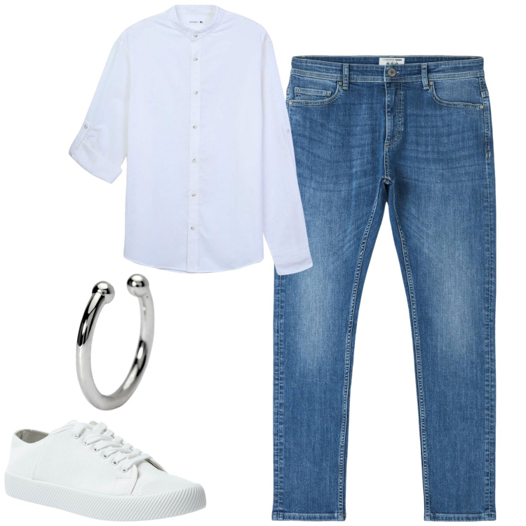 Outfit uomo - City. Stile Casual per Tutti i giorni. Abbinamento con camicie, jeans skinny, sneakers, orecchini.
