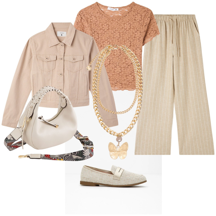 Outfit donna - Total look #2117076. Stile Casual chic per Tutti i giorni. Abbinamento con mocassini, pantaloni, t-shirt, blazer, borse a tracolla, collane.