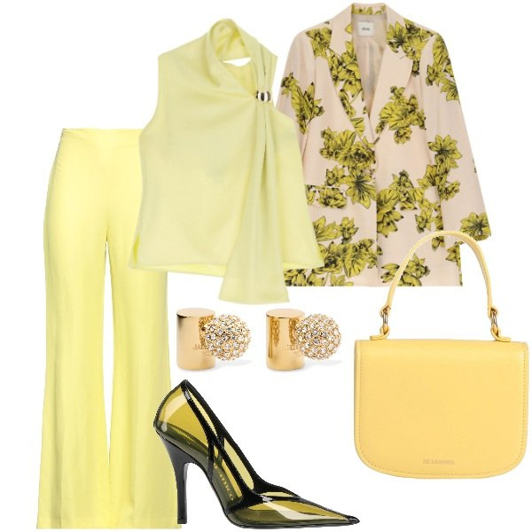 Outfit donna - Colori pastello. Stile Casual chic per Cerimonia. Abbinamento con décolleté, borse a mano, pantaloni, top, blazer, orecchini.