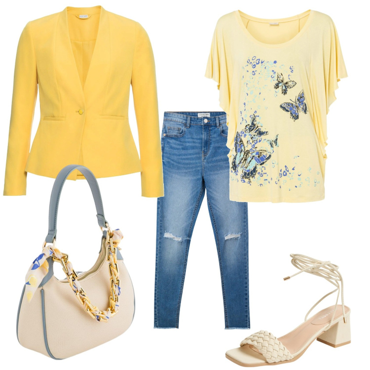 Outfit donna - Total look #2117086. Stile Casual chic per Tutti i giorni. Abbinamento con maglieria, blazer, jeans strappati, sandali alla schiava, borse a tracolla.