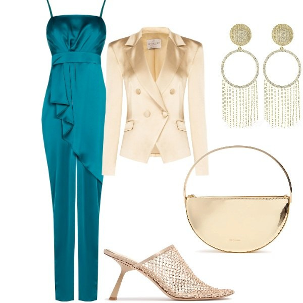 Outfit donna - Matrimonio di sera. Stile Glamour per Cerimonia. Abbinamento con tute, blazer, pantofole, pochette, orecchini.