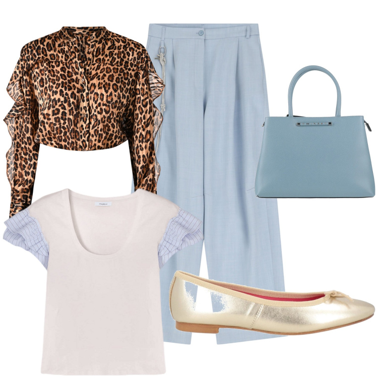 Outfit donna - Bon ton maculato. Stile Trendy per Tutti i giorni. Abbinamento con borse a mano, ballerine, pantaloni, camicie, t-shirt.