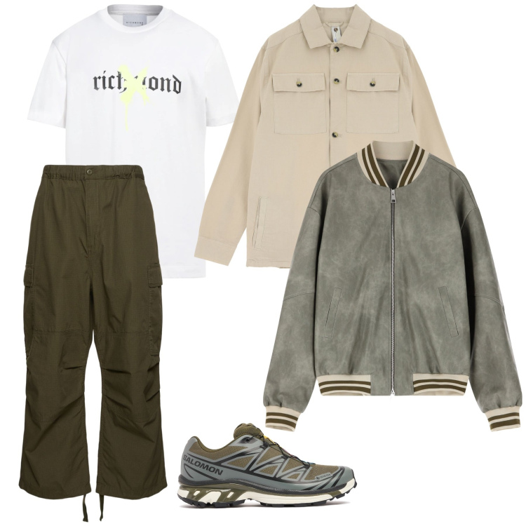 Outfit uomo - Tempo incerto. Stile Casual per Sport. Abbinamento con t-shirt, camicie, bomber, sneakers, pantaloni cargo.