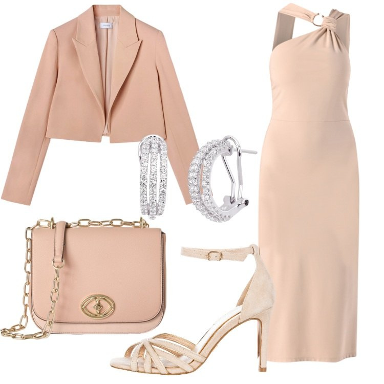 Outfit donna - Il fascino della giacca cropped. Stile Chic per Cerimonia. Abbinamento con orecchini, vestiti asimmetrici, sandali col tacco, borse a tracolla, bolero.