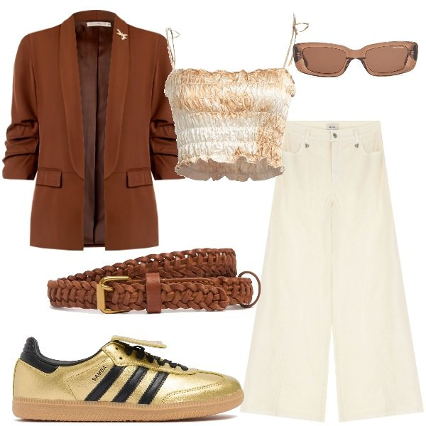 Outfit donna - Serata tra amici. Stile Casual chic per Serata fuori. Abbinamento con top, pantaloni, blazer, occhiali da sole, cinture, sneakers.