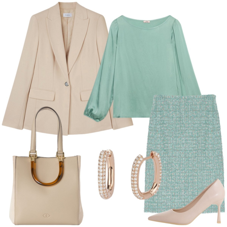 Outfit donna - Verde acqua. Stile Chic per Ufficio. Abbinamento con orecchini, décolleté, gonne longuette, bluse, shopping bag, blazer.