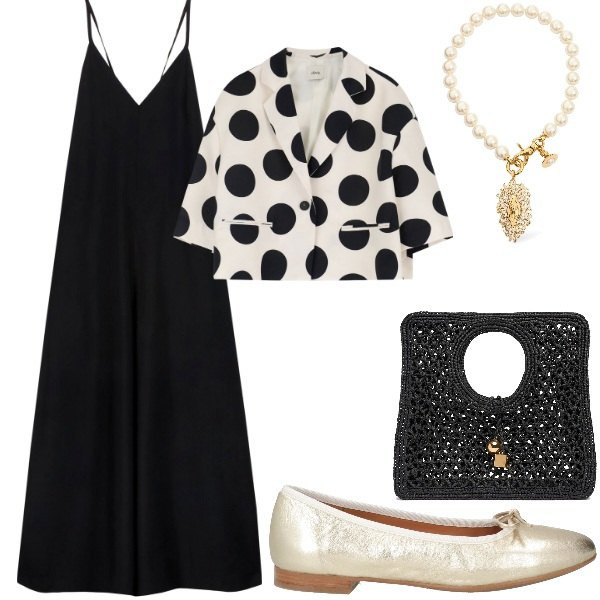 Outfit donna - Compleanno a sopresa. Stile Casual chic per Serata fuori. Abbinamento con ballerine, blazer, tute, collane, shopping bag.