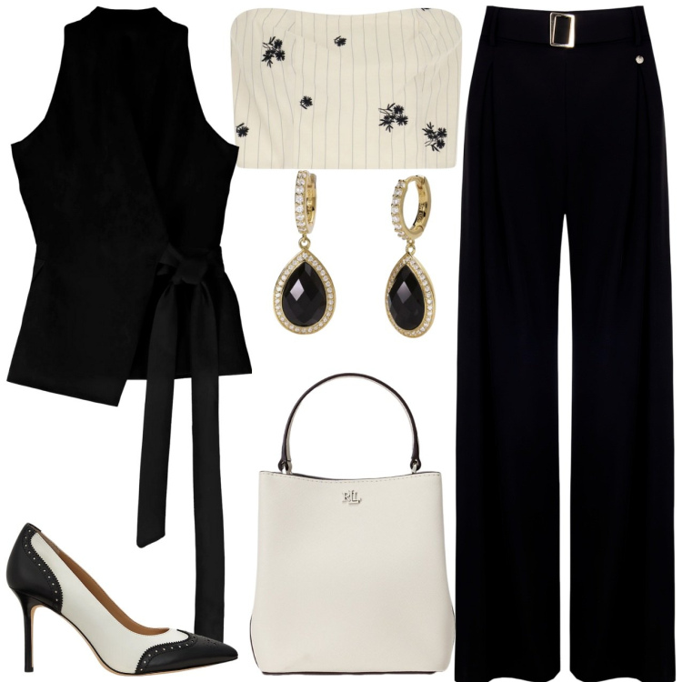 Outfit donna - Elegante in nero e panna. Stile Chic per Cerimonia. Abbinamento con gilet, top, orecchini, pantaloni, décolleté, borse a secchiello.