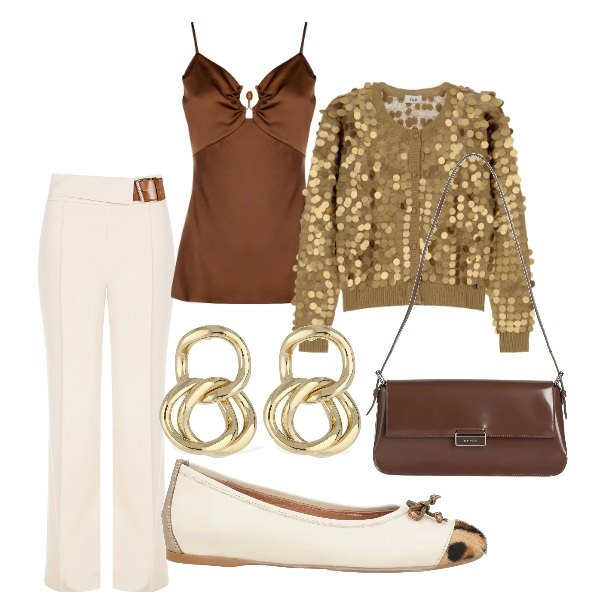 Outfit donna - Cerimonia tra intimi. Stile Glamour per Serata fuori. Abbinamento con ballerine, borse a spalla, cardigans, pantaloni, top, orecchini.