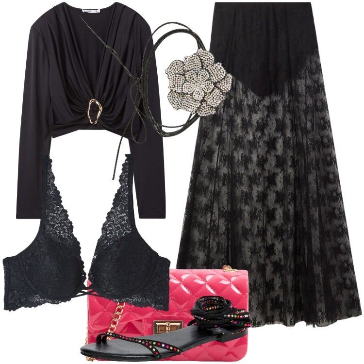 Outfit donna - Trasparenze in nero. Stile Glamour per Serata fuori. Abbinamento con sandali alla schiava, borse a tracolla, maglieria, gonne lunghe, reggiseni, collane.