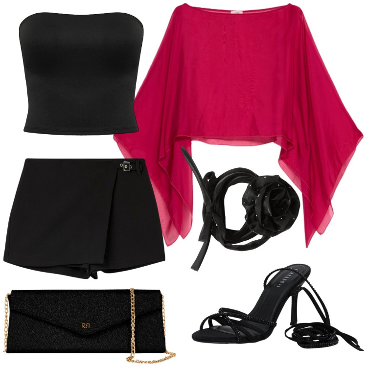 Outfit donna - Rosso e nero. Stile Casual chic per Cerimonia. Abbinamento con collane, minigonne, sandali alla schiava, top, pochette, bolero.