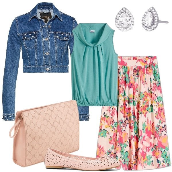 Outfit donna - Il fascino della giacca cropped. Stile Casual chic per Serata fuori. Abbinamento con gonne longuette, top, ballerine, blazer, orecchini, valigie.