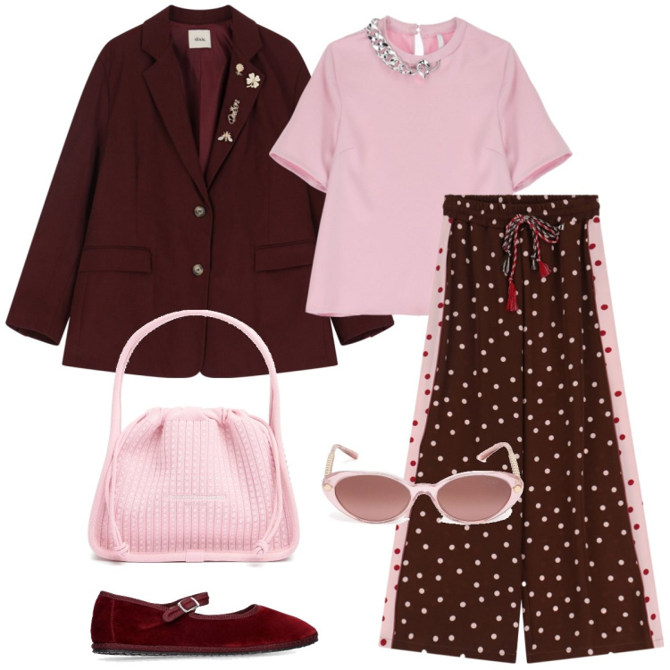 Outfit donna - Pois. Stile Casual chic per Tutti i giorni. Abbinamento con t-shirt, pantaloni, blazer, ballerine, occhiali da sole, borse a mano.