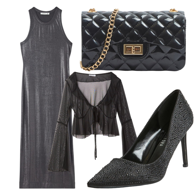 Outfit donna - Appuntamento a teatro. Stile Casual chic per Serata fuori. Abbinamento con vestiti midi/longuette, bolero, borse a tracolla, décolleté.