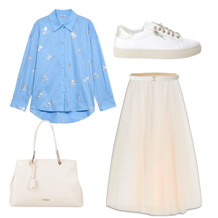 Outfit donna - Total look #2117148. per Tutti i giorni. Abbinamento con gonne lunghe, borse a mano, cinture, sneakers, camicie.