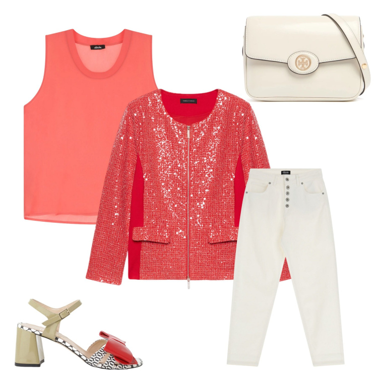 Outfit donna - Shiny chic. Stile Chic per Cerimonia. Abbinamento con top, jeans, sandali col tacco, blazer, borse a spalla.