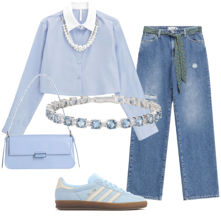 Outfit donna - Total look #2117151. Stile Casual chic per Tutti i giorni. Abbinamento con borse a spalla, braccialetti, jeans strappati, camicie, sneakers.