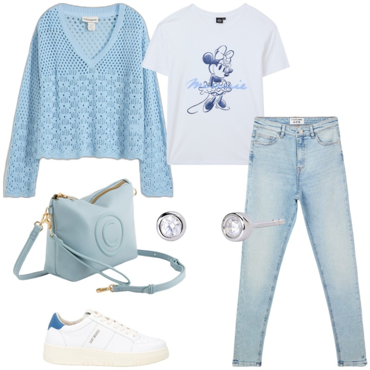 Outfit donna - In jeans. Stile Casual per Tutti i giorni. Abbinamento con maglieria, sneakers, t-shirt, jeans skinny, orecchini, valigie.