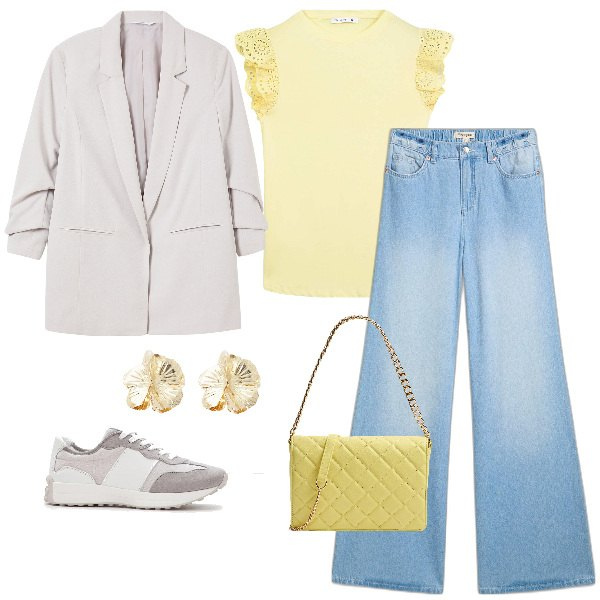 Outfit donna - Giallo, jeans e ghiaccio. Stile Urban per Tutti i giorni. Abbinamento con jeans, sneakers, blazer, borse a tracolla, t-shirt, orecchini.
