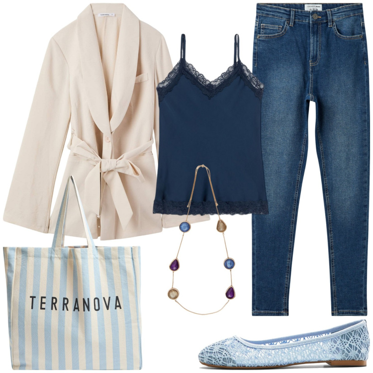 Outfit donna - Look per tutti i giorni. Stile Casual per Tutti i giorni. Abbinamento con ballerine, blazer, jeans skinny, borse tote, collane, top.