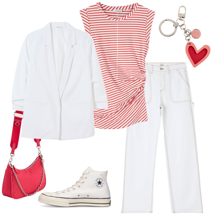 Outfit donna - Total look #2117165. Stile Casual per Tutti i giorni. Abbinamento con blazer, pantaloni, top, sneakers, portachiavi, borse a tracolla.