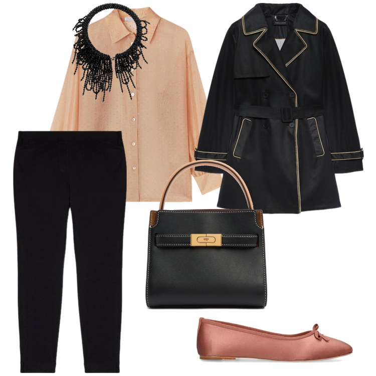 Outfit donna - Outfit semplice. per Serata fuori. Abbinamento con trench, jeggings, ballerine, camicie, borse a mano, collane.