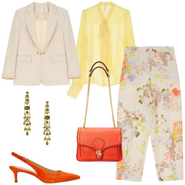 Outfit donna - Cerimonia fiorita. Stile Romantica per Cerimonia. Abbinamento con camicie, blazer, pantaloni chino, décolleté, borse a spalla, orecchini.