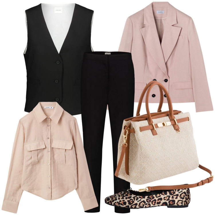Outfit donna - Giacca camicia e gilè. Stile Urban per Ufficio. Abbinamento con camicie, ballerine, gilet, pantaloni, borse a mano, blazer.