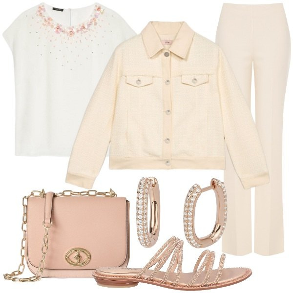 Outfit donna - Giacca cropped affascinante. Stile Casual chic per Serata fuori. Abbinamento con sandali, orecchini, pantaloni a palazzo, bluse, blazer, borse a tracolla.
