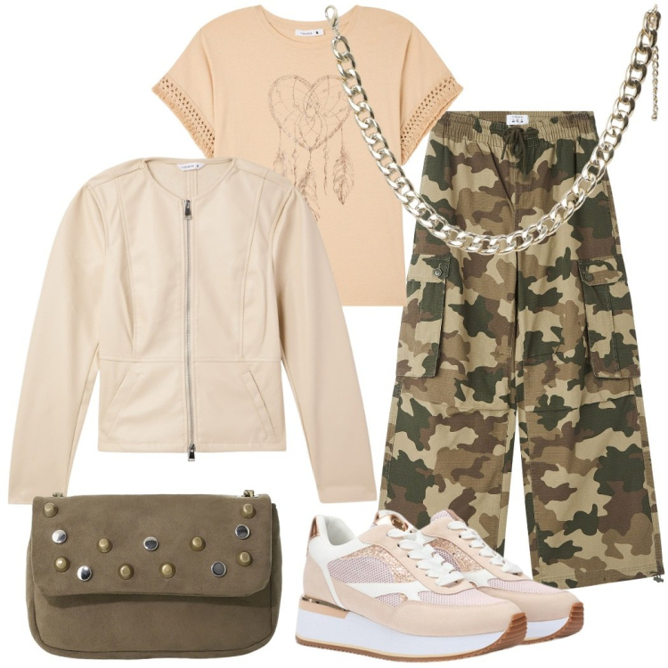 Outfit donna - Mimetico soft. Stile Casual chic per Tutti i giorni. Abbinamento con t-shirt, blazer, collane, pantaloni cargo, borse a tracolla, sneakers.