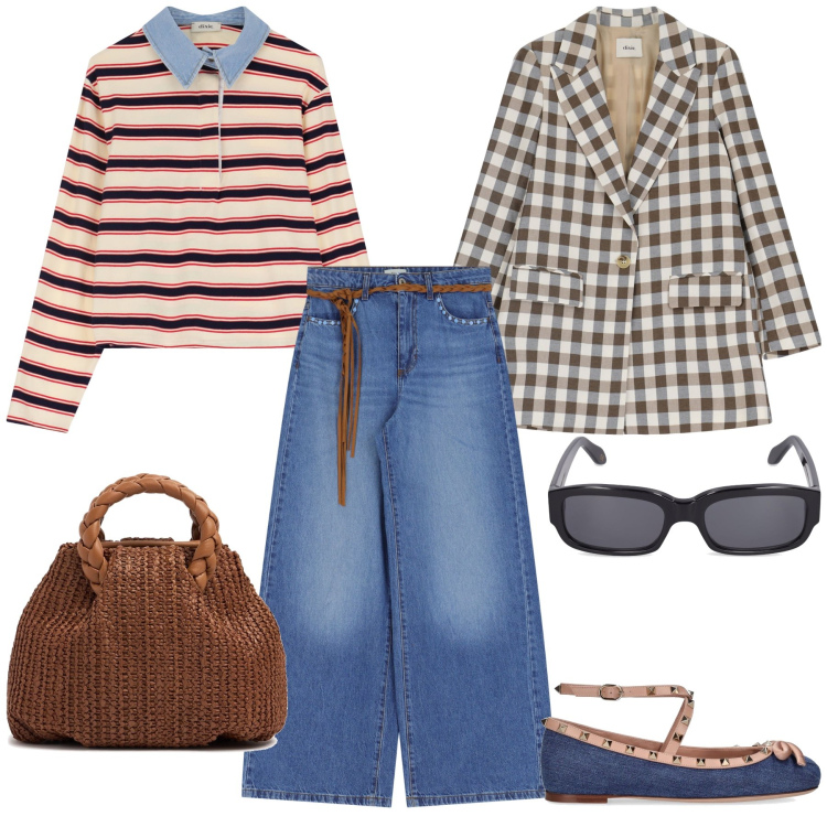 Outfit donna - Total look. Stile Sporty chic per Tutti i giorni. Abbinamento con blazer, jeans, maglieria, ballerine, borse a mano, occhiali da sole.