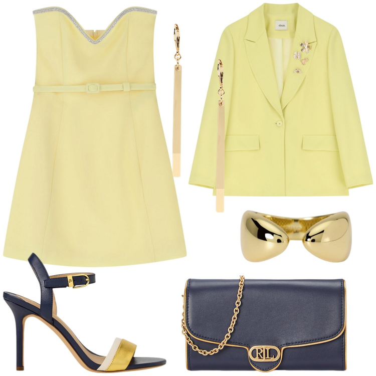 Outfit donna - Giallo burro. Stile Chic per Cerimonia. Abbinamento con anelli, vestiti corti, blazer, borse a tracolla, orecchini, sandali in pelle.