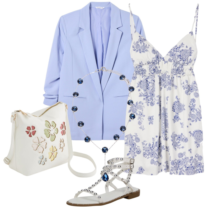 Outfit donna - Total look #2117198. Stile Romantica per Tutti i giorni. Abbinamento con vestiti corti, sandali, blazer, borse a tracolla, collane.