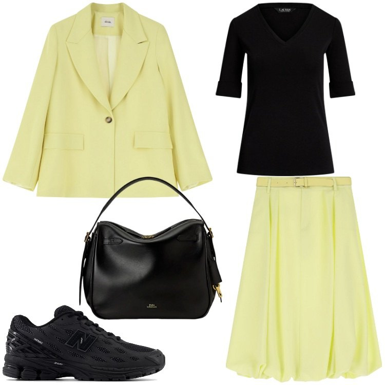 Outfit donna - Sporty giallo. Stile Sporty chic per Serata fuori. Abbinamento con sneakers, gonne longuette, blazer, t-shirt, borse a mano.