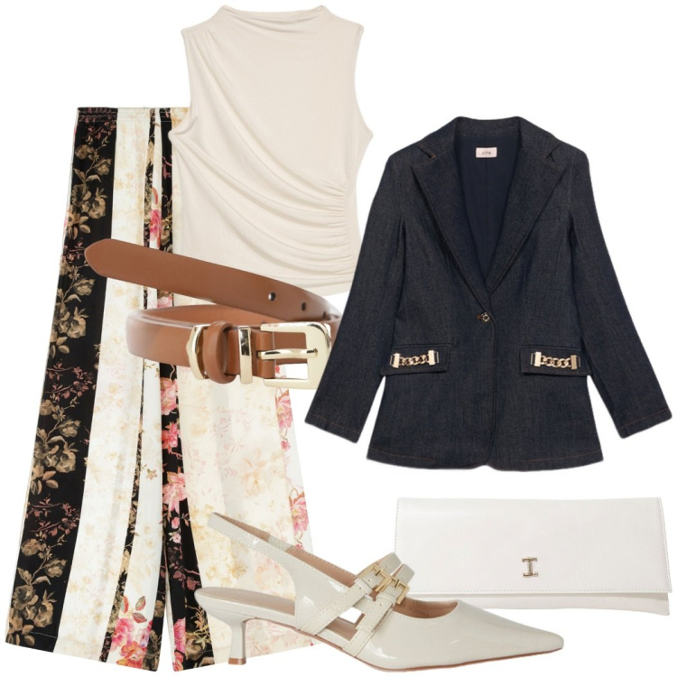 Outfit donna - Giorno di festa. Stile Chic per Cerimonia. Abbinamento con pantaloni a palazzo, cinture, pochette, décolleté, blazer, top.