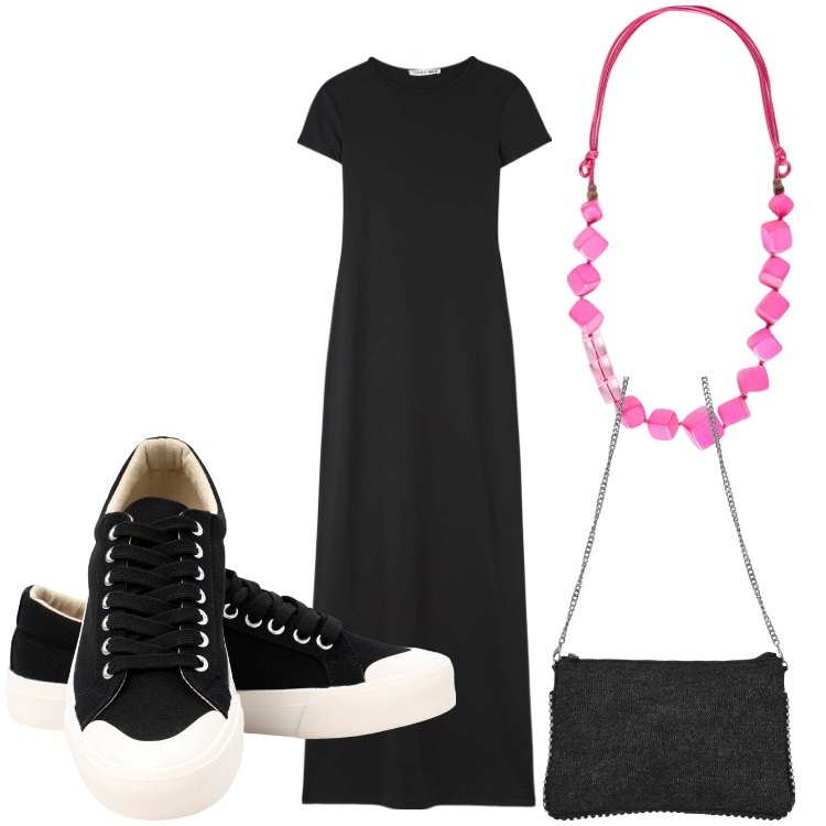 Outfit donna - Nero e fucsia. Stile Sporty chic per Serata fuori. Abbinamento con vestiti lunghi, borse a tracolla, sneakers, collane.