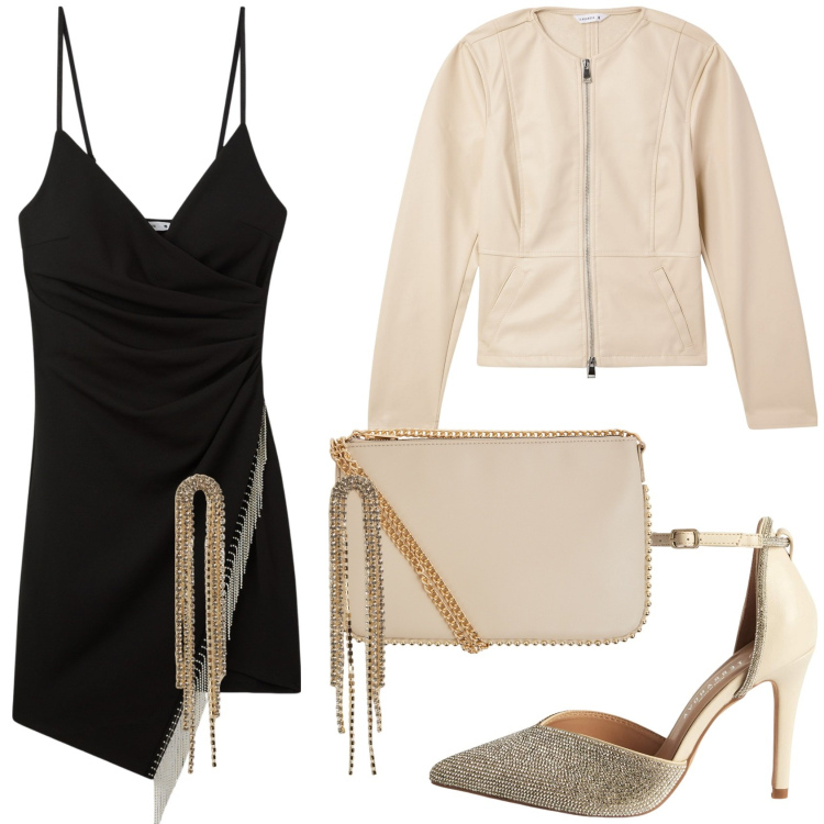 Outfit donna - Semplice ma d\'effetto. Stile Glamour per Serata fuori. Abbinamento con borse a tracolla, blazer, décolleté, vestiti corti, orecchini.