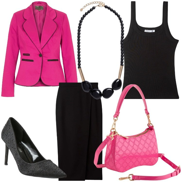 Outfit donna - Fucsia chic. Stile Chic per Cerimonia. Abbinamento con blazer, gonne longuette, décolleté, canottiere, collane, borse a tracolla.