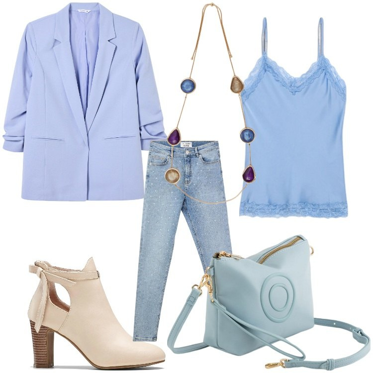 Outfit donna - Bella in jeans. Stile Casual chic per Serata fuori. Abbinamento con stivaletti, blazer, jeans skinny, valigie, collane, top.