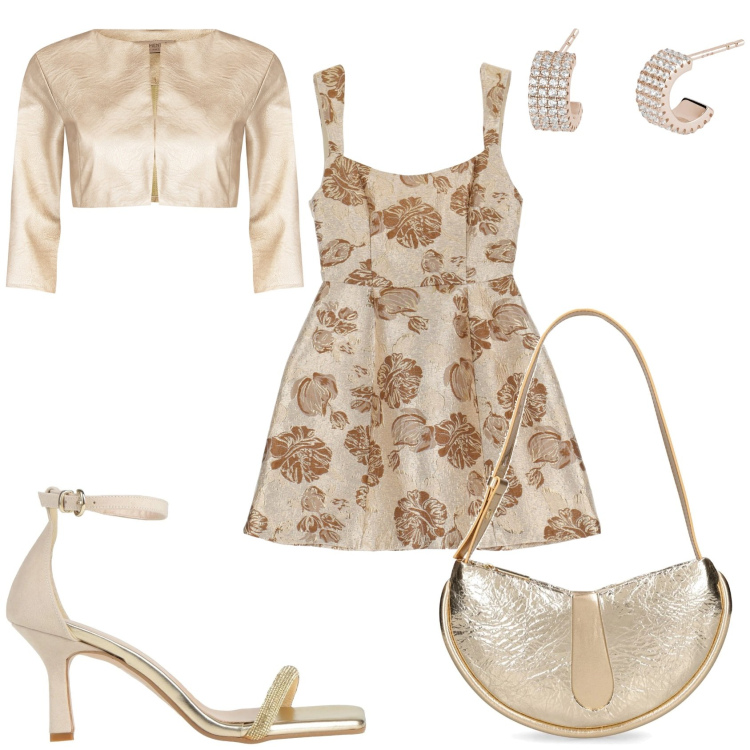 Outfit donna - Abito corto con stampa. Stile Glamour per Serata fuori. Abbinamento con sandali col tacco, orecchini, bolero, vestiti corti, borse a spalla.